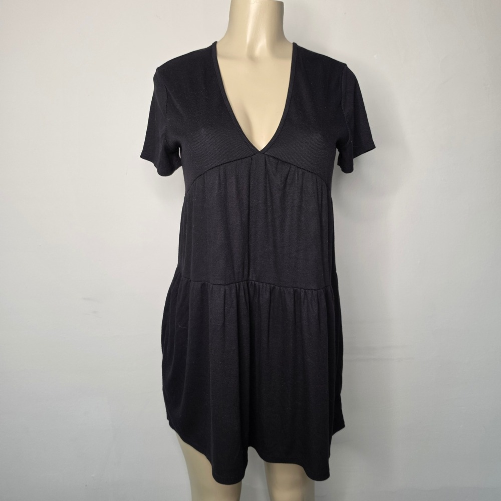 21 Saints Dress Women Medium Black Ribbed Babydoll V-Neck Tie Back Short Sleeve